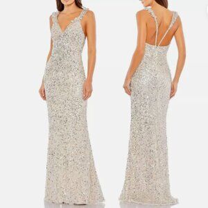 MAC DUGGAL 5674 EMBELLISHED RUFFLE STRAP TRUMPET NUDE SILVER GOWN sz 2